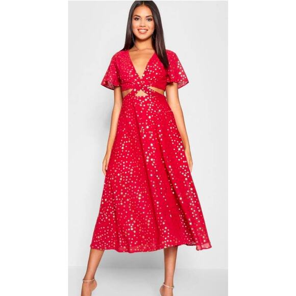 Boohoo Star Print Cut Out Skater Dress Red Gold US Size 8 - Picture 1 of 11
